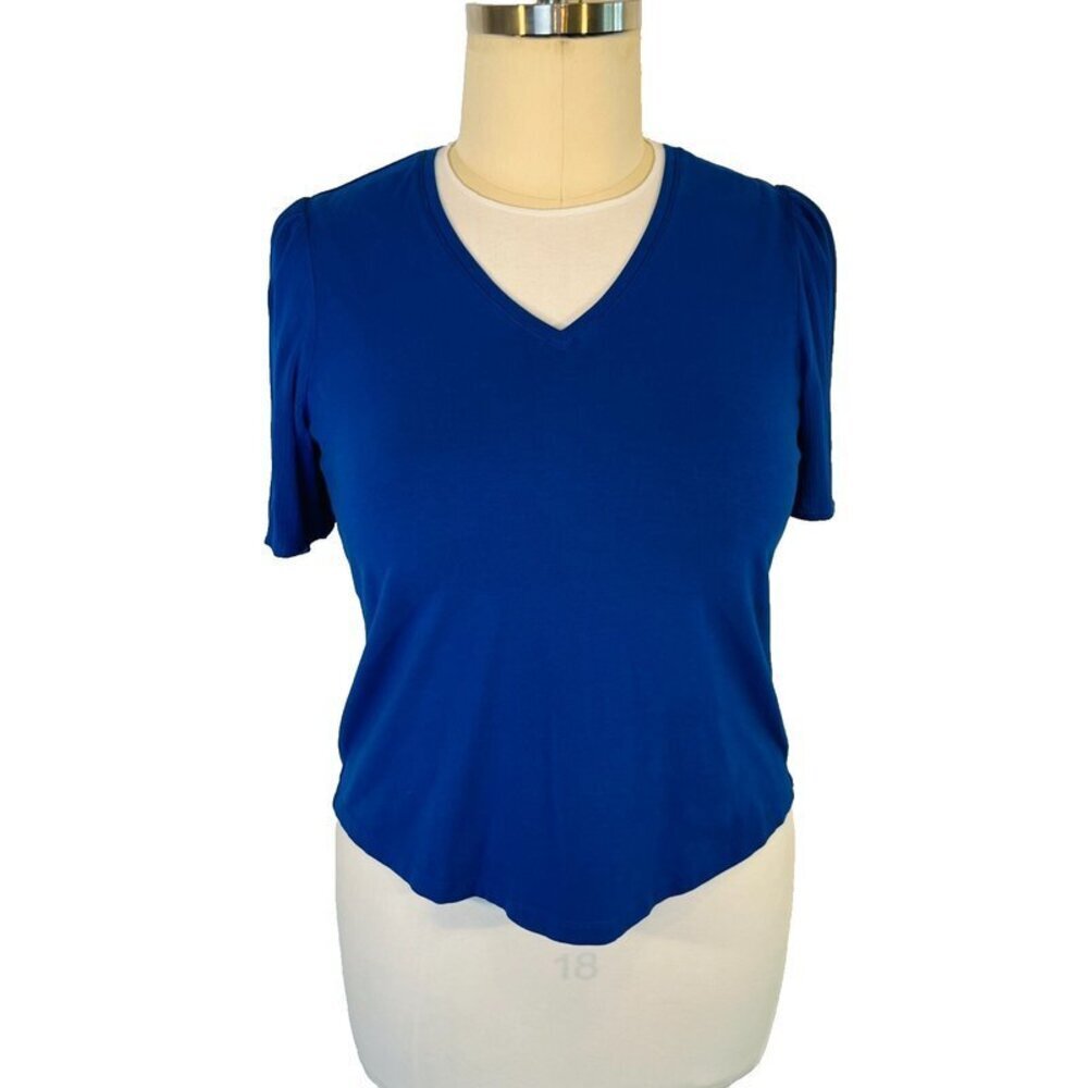 Chico's Women's L Blouse Royal Blue VNeck Short Gauzey Sleeve